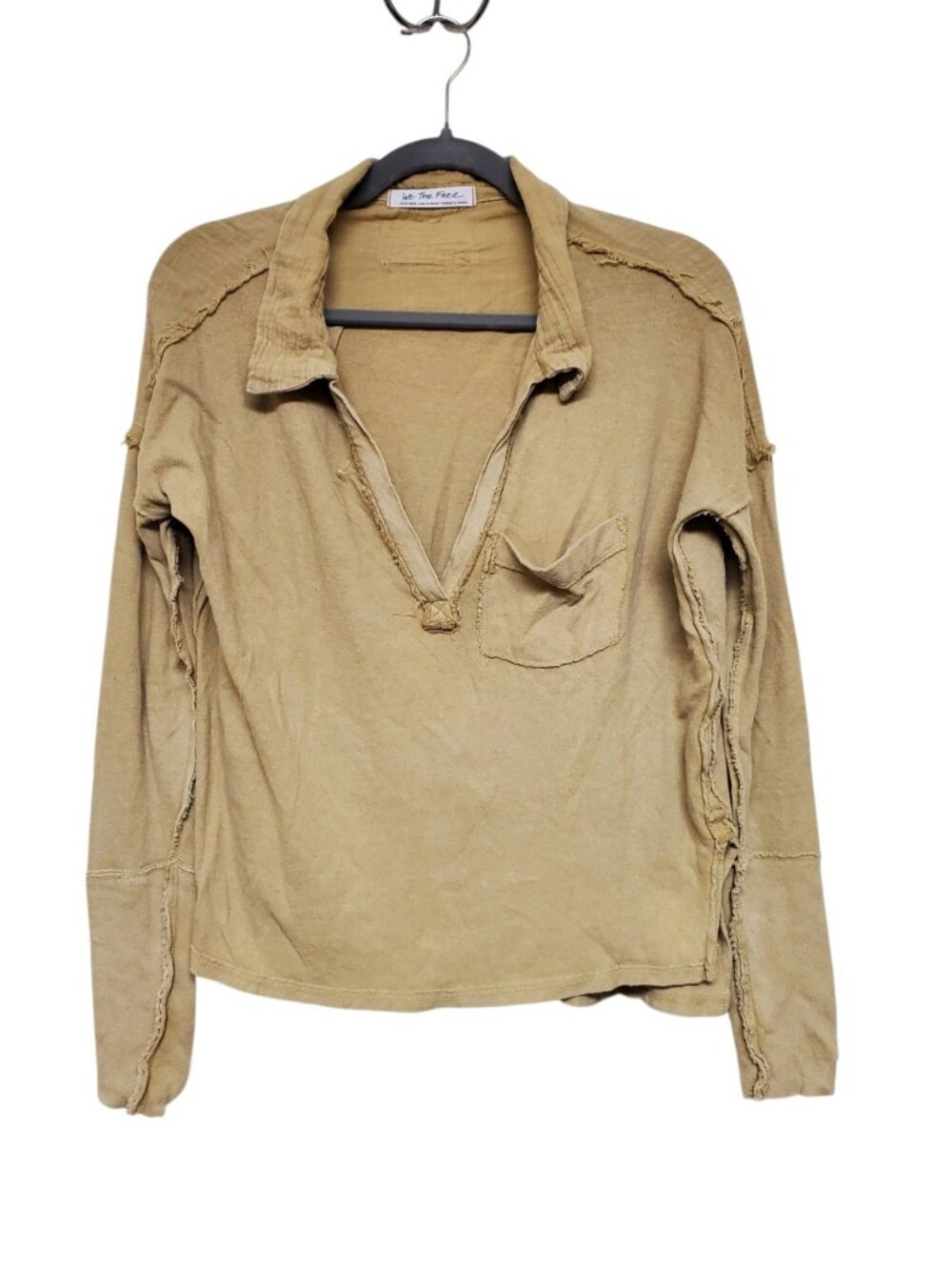 We the Free Faded Mustard Yellow Distressed Raw Hem Deep V Pullover XS